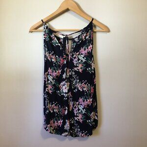 100% Rayon Navy Keyhole Front Tie Up Strap Sleeveless Floral Cluster Summer Top